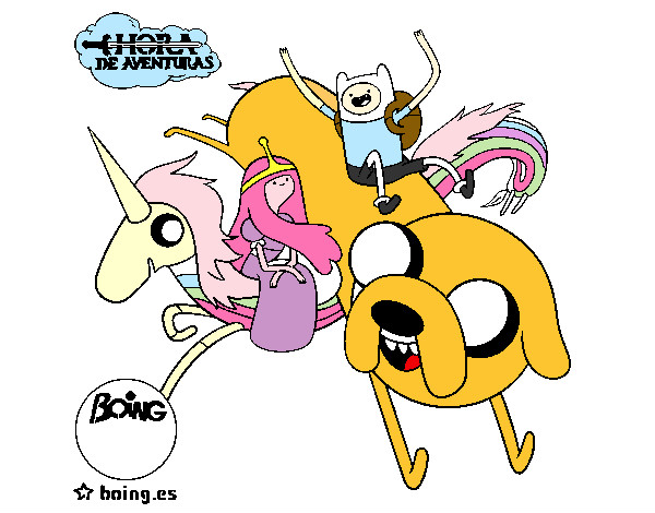 Desenho Jake, Finn, Princesa Bubblegum e Rainbow Lady pintado por debinhaxdx
