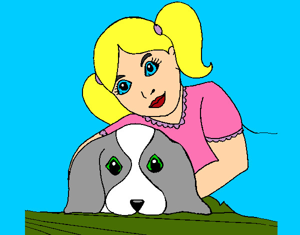 Desenho Menina a abraçar o seu cão pintado por mica