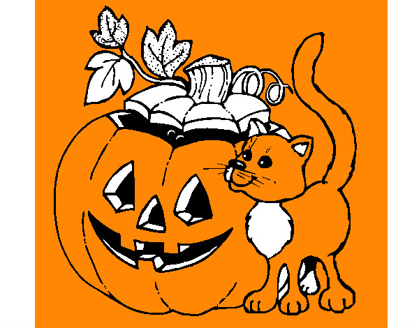 Desenho Abóbora e gato pintado por massinhas