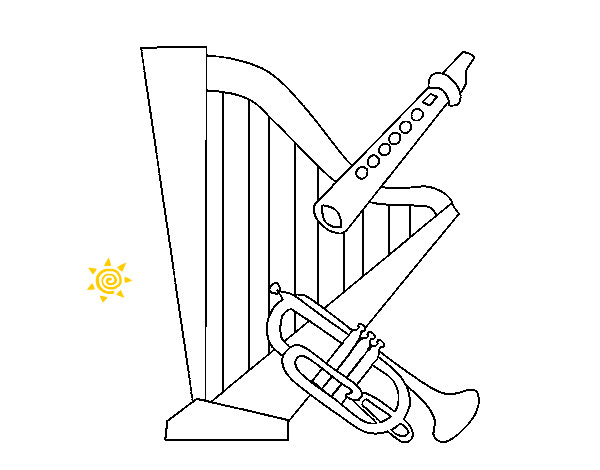 Desenho Harpa, flauta e trompeta pintado por LarissaV
