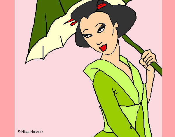 Desenho Geisha com chapéu de chuva pintado por Felizmuito