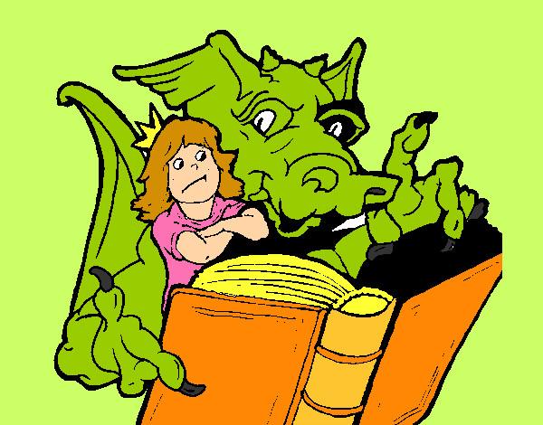 Desenho Dragão, menina e livro pintado por Mariaana