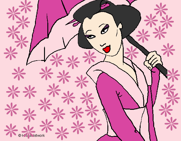 Desenho Geisha com chapéu de chuva pintado por SasaPipoca