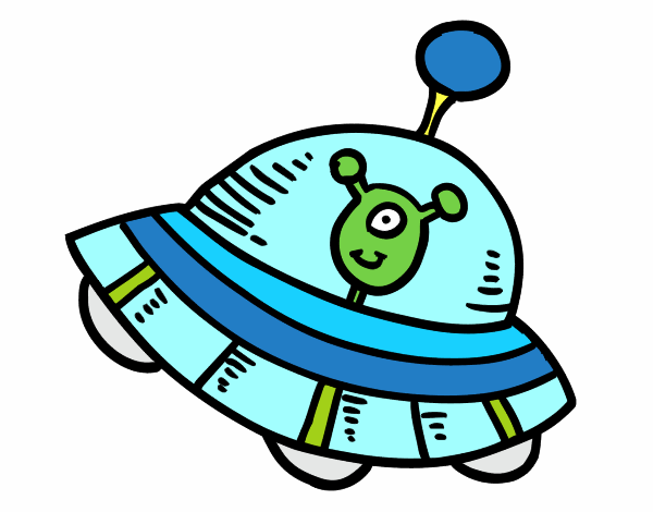Um desenho animado de um alienígena verde em uma nave espacial verde.