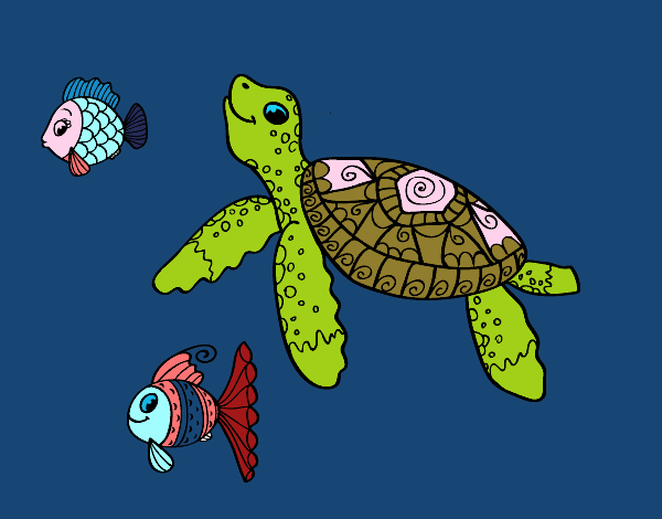 Tartaruga de mar com peixes