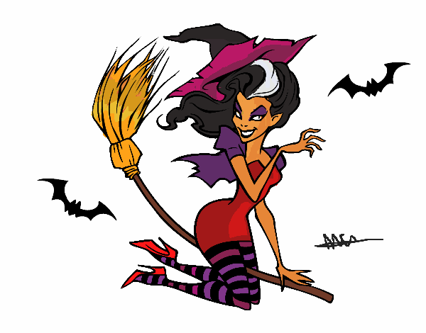 Desenhos para colorir de desenho de uma bruxa feliz voando com sua vassoura  para colorir 