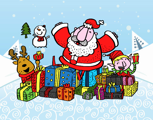Desenho Papai Noel com presentes e alegria pintado por repelstelt