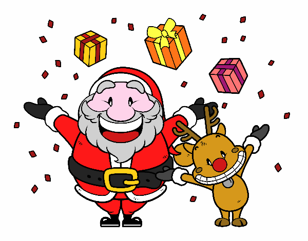 Santa e rena com presentes