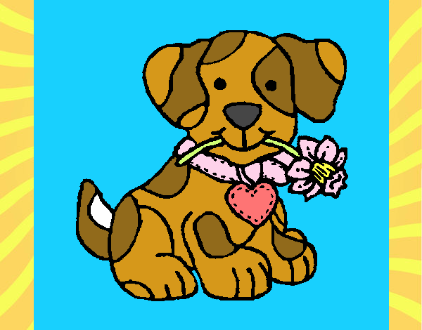 Filhote de cachorro com uma flor na boca