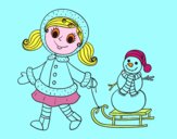 Menina com o trenó e boneco de neve
