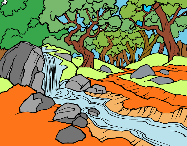 Desenho Paisagem da floresta com um rio pintado por Iria