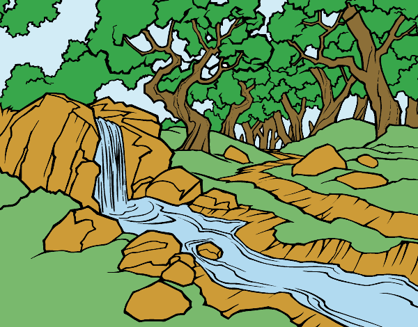 Desenho Paisagem da floresta com um rio pintado por brebeca