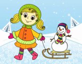 Menina com o trenó e boneco de neve