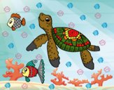 Desenho Tartaruga de mar com peixes pintado por 2016