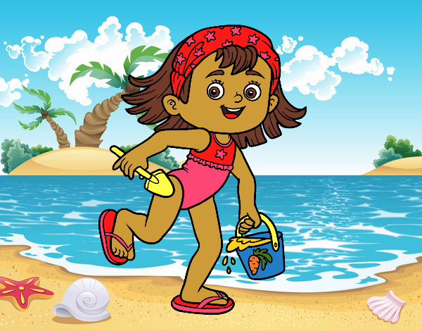 Desenho Menina com praia balde e pá pintado por Jujuli