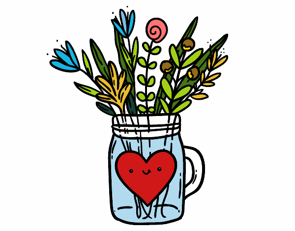Desenho Pote com flores silvestres e um coração pintado por Mandy