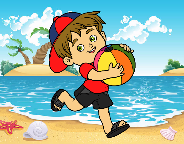 Criança que joga com esfera de praia