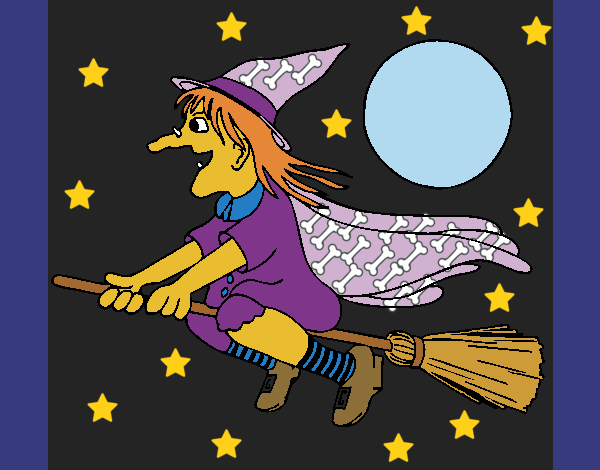 Desenho Bruxa em vassoura voadora pintado por Sil