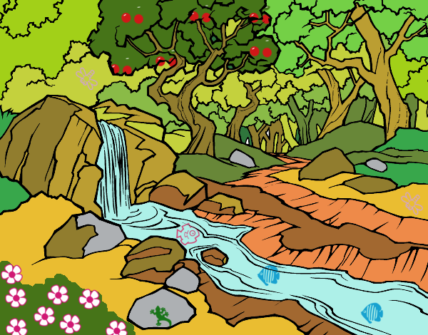 Desenho Paisagem da floresta com um rio pintado por Sil
