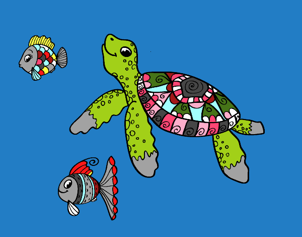 Desenho Tartaruga de mar com peixes pintado por Atchim