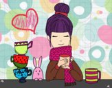 Desenho Menina com lenço e xícara de chá pintado por Aki-chan