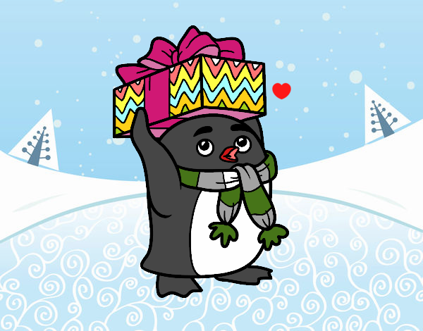 Desenho Pinguim com presente de Natal pintado por AndressaBR