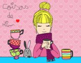 Desenho Menina com lenço e xícara de chá pintado por CoisasDeMi