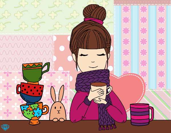 Desenho Menina com lenço e xícara de chá pintado por raphinha