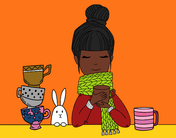 Desenho Menina com lenço e xícara de chá pintado por danielt