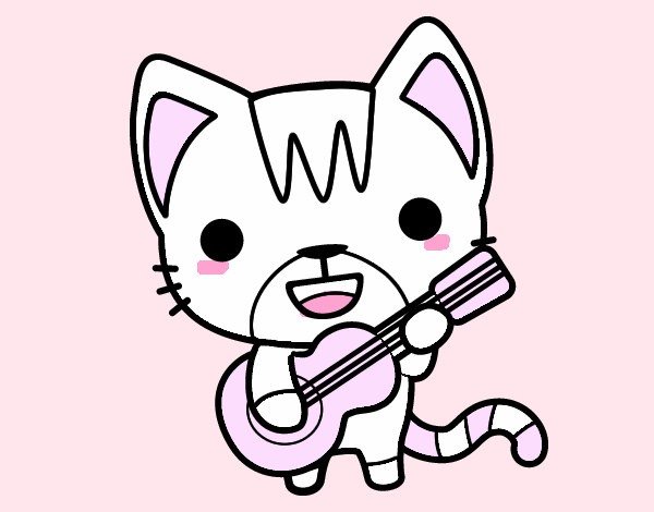 Desenho Gato guitarrista pintado por kawaii