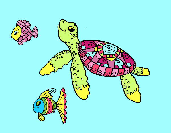 Tartaruga de mar com peixes