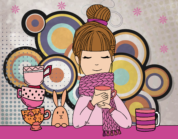 Desenho Menina com lenço e xícara de chá pintado por Lari_583