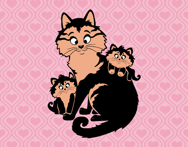 Desenho Mãe gata e gatinhos pintado por Valeriah
