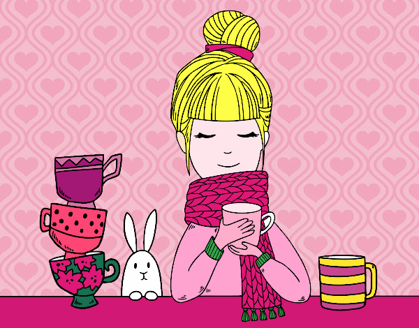 Desenho Menina com lenço e xícara de chá pintado por luzinda