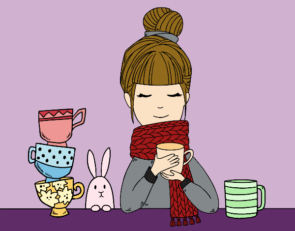 Desenho Menina com lenço e xícara de chá pintado por NathaQueen