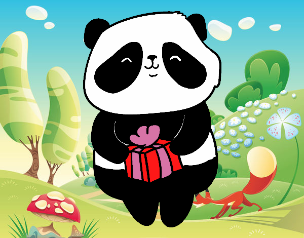 Desenho Panda com presente pintado por Valeriah