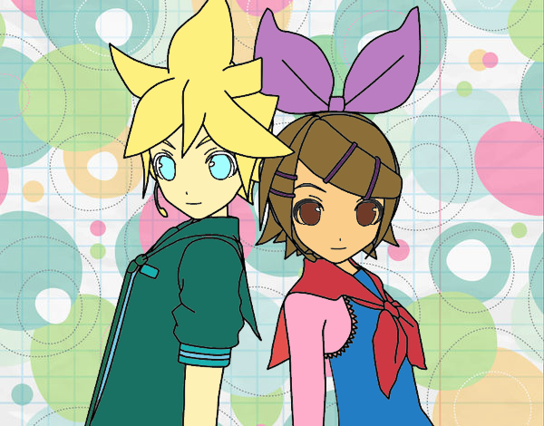 Desenho Len e Rin Kagamine Vocaloid pintado por AndressaBR