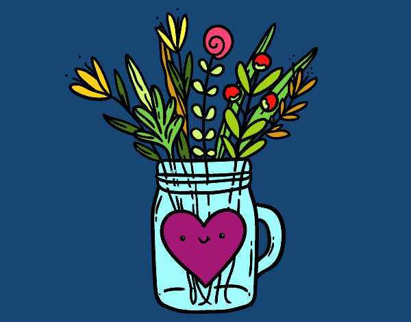 Desenho Pote com flores silvestres e um coração pintado por alya