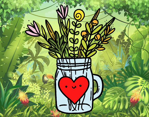 Desenho Pote com flores silvestres e um coração pintado por Craudia