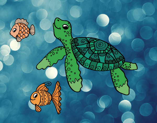 Desenho Tartaruga de mar com peixes pintado por BiancaNA