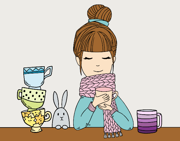 Desenho Menina com lenço e xícara de chá pintado por BiancaNA
