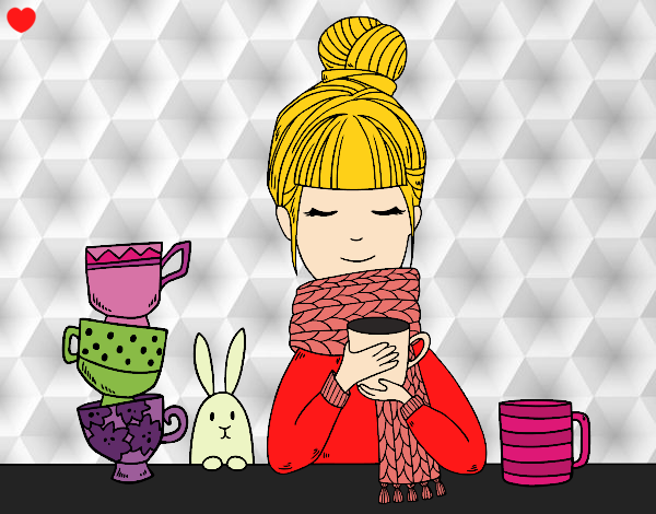 Desenho Menina com lenço e xícara de chá pintado por vanalb
