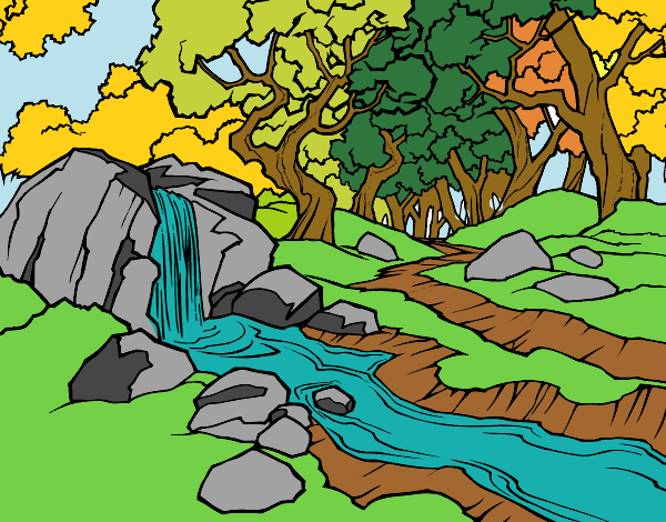 Desenho Paisagem da floresta com um rio pintado por Emillie