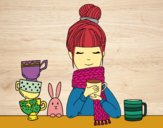 Desenho Menina com lenço e xícara de chá pintado por Fernanda21