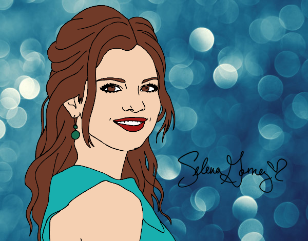 Desenho Selena Gomez com cabelo encaracolado pintado por Juliaespin