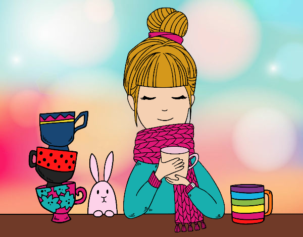 Desenho Menina com lenço e xícara de chá pintado por Juliaespin