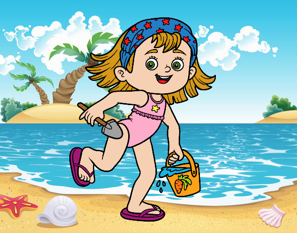Desenho Menina com praia balde e pá pintado por Juliaespin