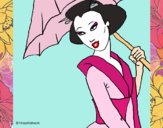 Desenho Geisha com chapéu de chuva pintado por Craudia