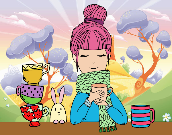 Desenho Menina com lenço e xícara de chá pintado por JuliaReis