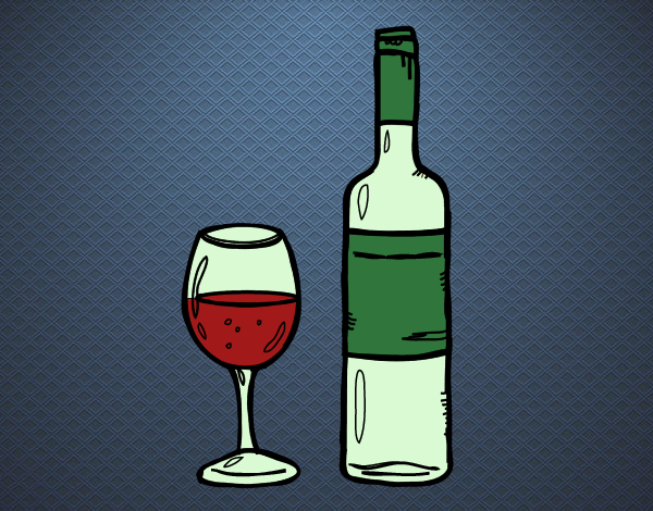 Desenho Garrafa de vinho e copo pintado por Humano